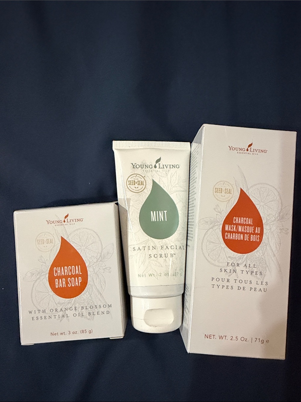 Young Living Mint Satin Facial Scrub, Charcoal Bar Soap & Charcoal Mask
